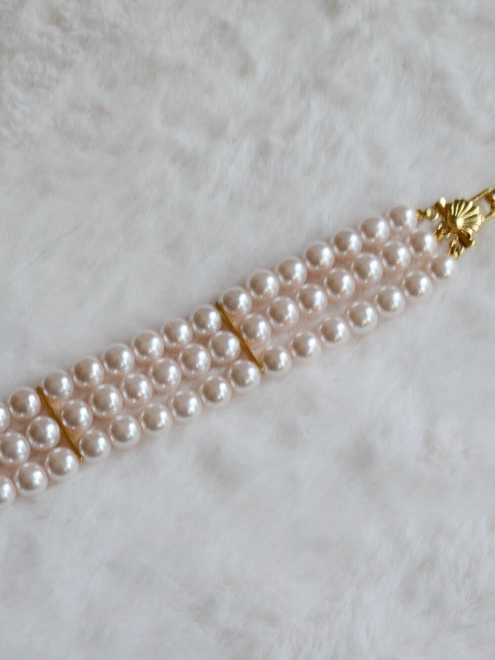 Richelieu Three-Strand White Faux Pearl Bracelet with Gold-Tone Clasp